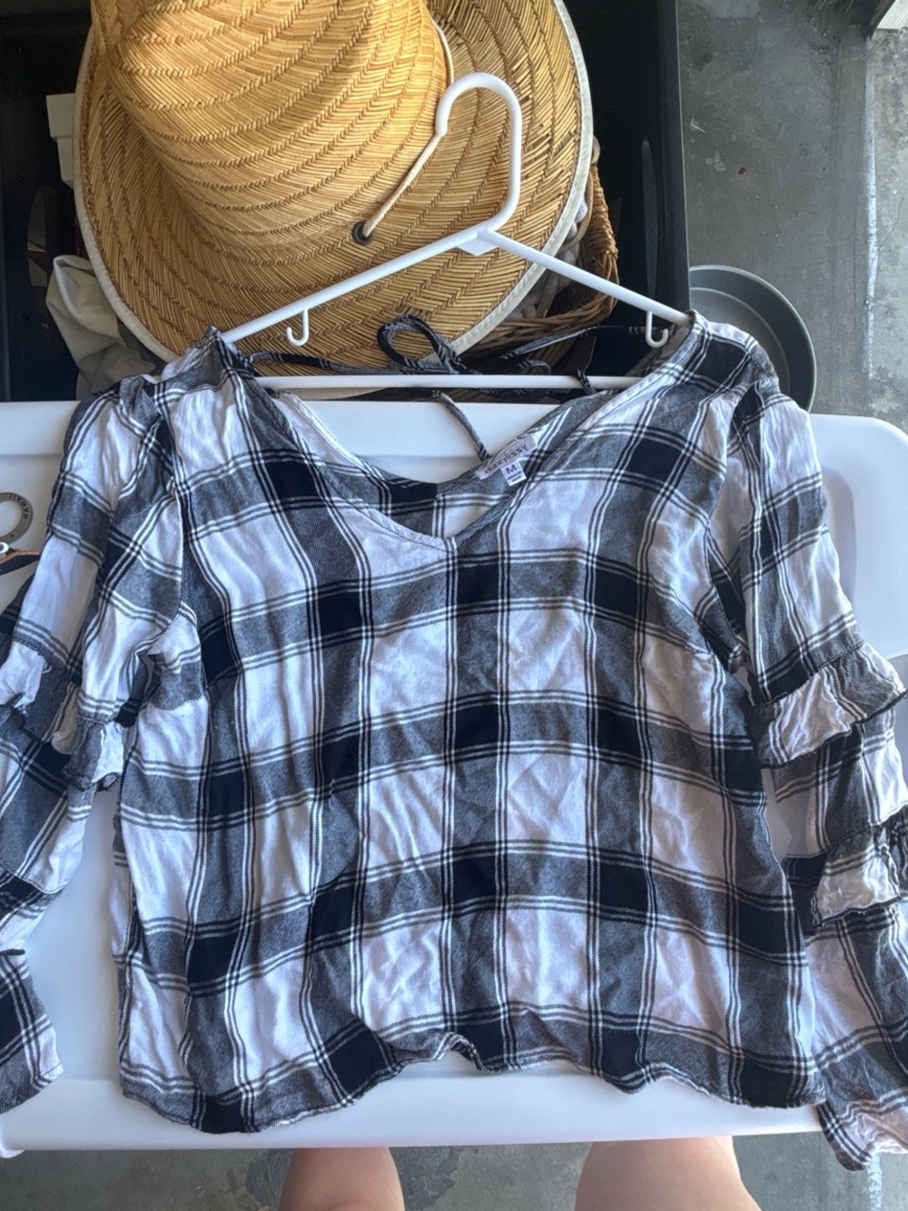 Women’s Black & White Plaid V-Neck Ruffle Sleeve Blouse